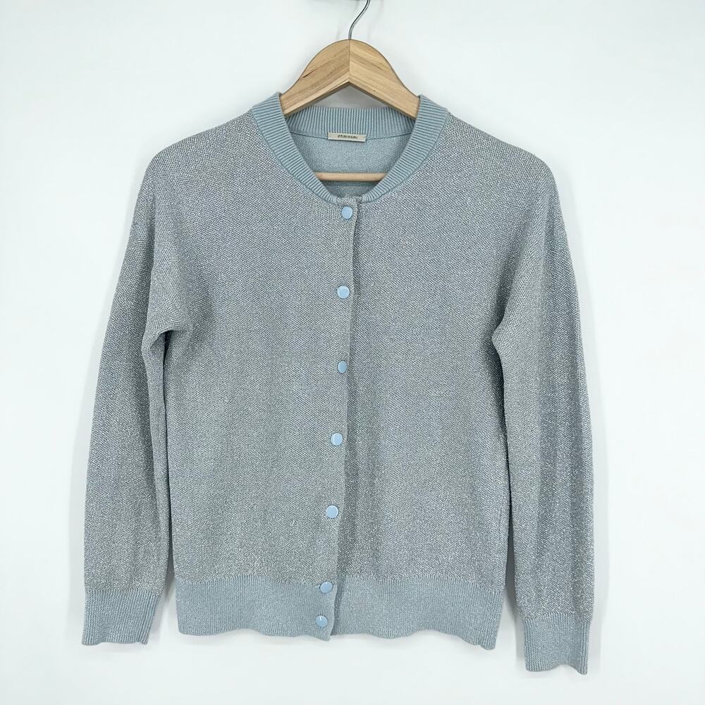 Intimissimi Crew Neck Cardigan Snap Front Sweater Metallic Silver/ Light Blue